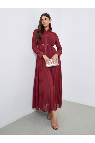 Pleated Shirt Maxi Dress with Belt Detail