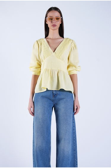 Women's Yellow Deep V-Neck Lace Embroidered Muslin Blouse