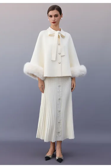 Faux Fur Cuffs Bow-Tie Button Knit Cape Coat in White