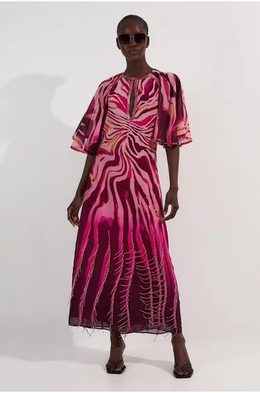 Animal Print Georgette Embellished Short Sleeve Woven Maxi Dress