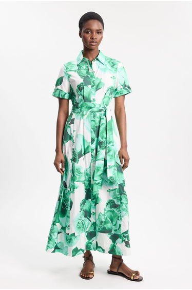 Rose Print Cotton Sateen Floral Woven Belted Maxi Shirt Dress