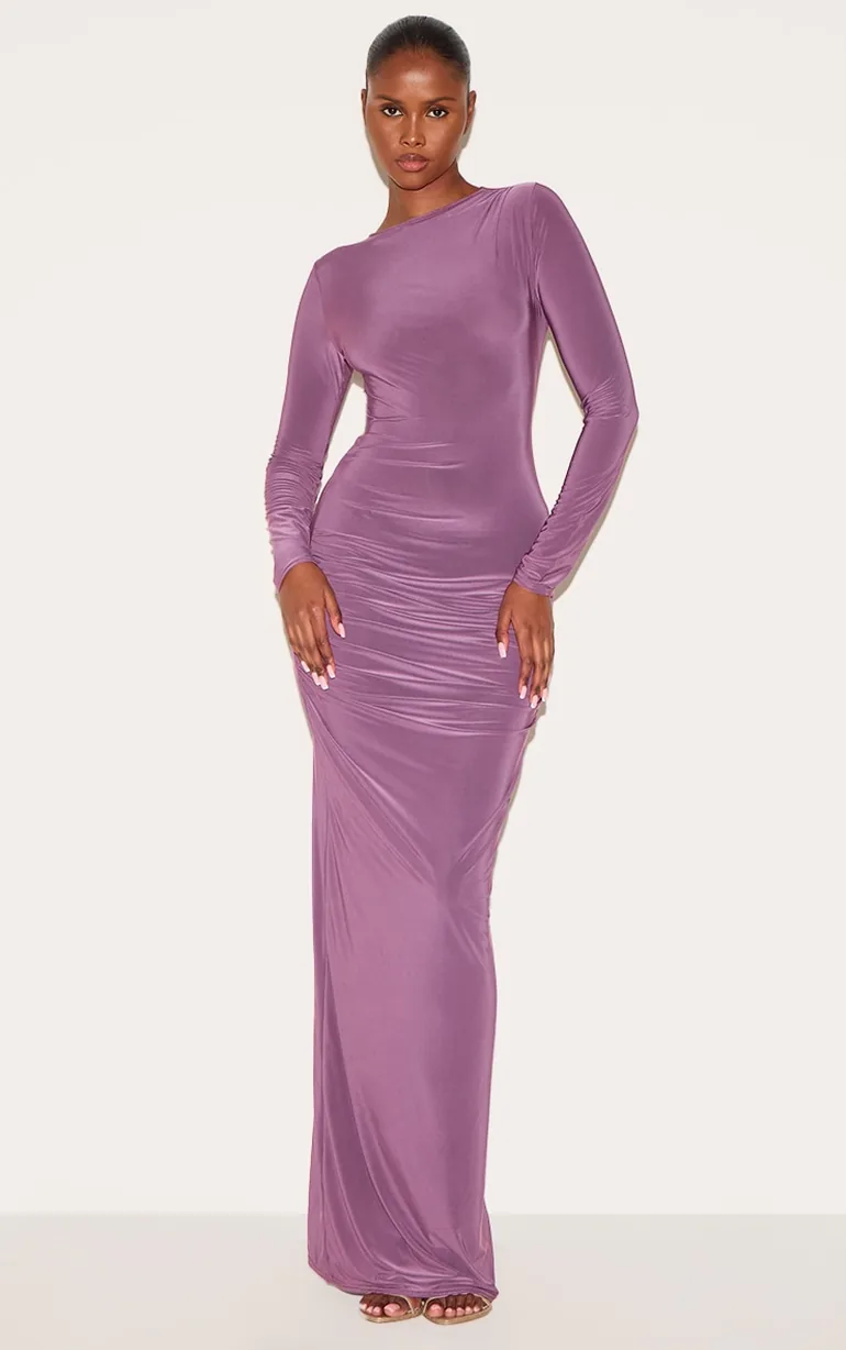 Plum Slinky Long Sleeve Open Back Maxi Prettylittlething : Evening Dresses  : VogaCloset Bahrain