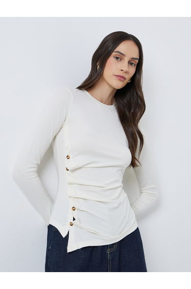Asymmetric Hem Button Detail Long Sleeve Top