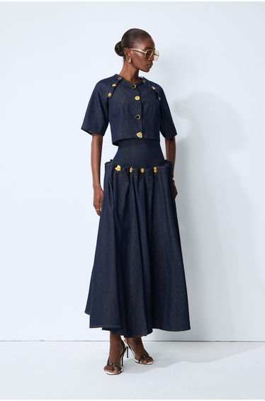 Living the Moment Blue Denim Gold Button Crop Top & Skirt Set