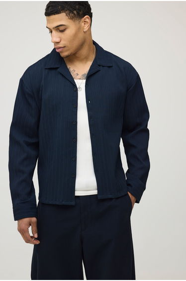Boxy Crop Fit Long Sleeve Irregular Pleat Overshirt - dark navy