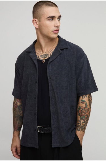 Oversized Revere Towelling Shirt - dark grey