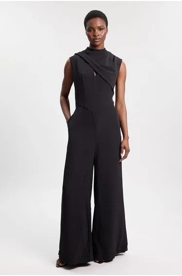 Tailored Crepe Cape Asymmetric Cape Neck Detail Jumpsuit