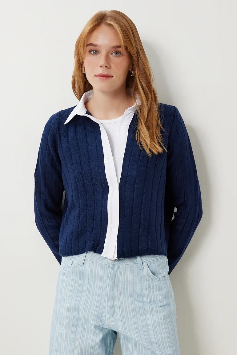 Women's Navy Blue Shirt Collar Contrast Knitwear Cardigan - 1