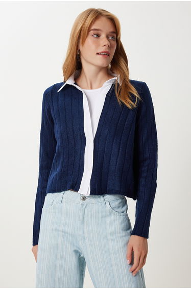 Women's Navy Blue Shirt Collar Contrast Knitwear Cardigan