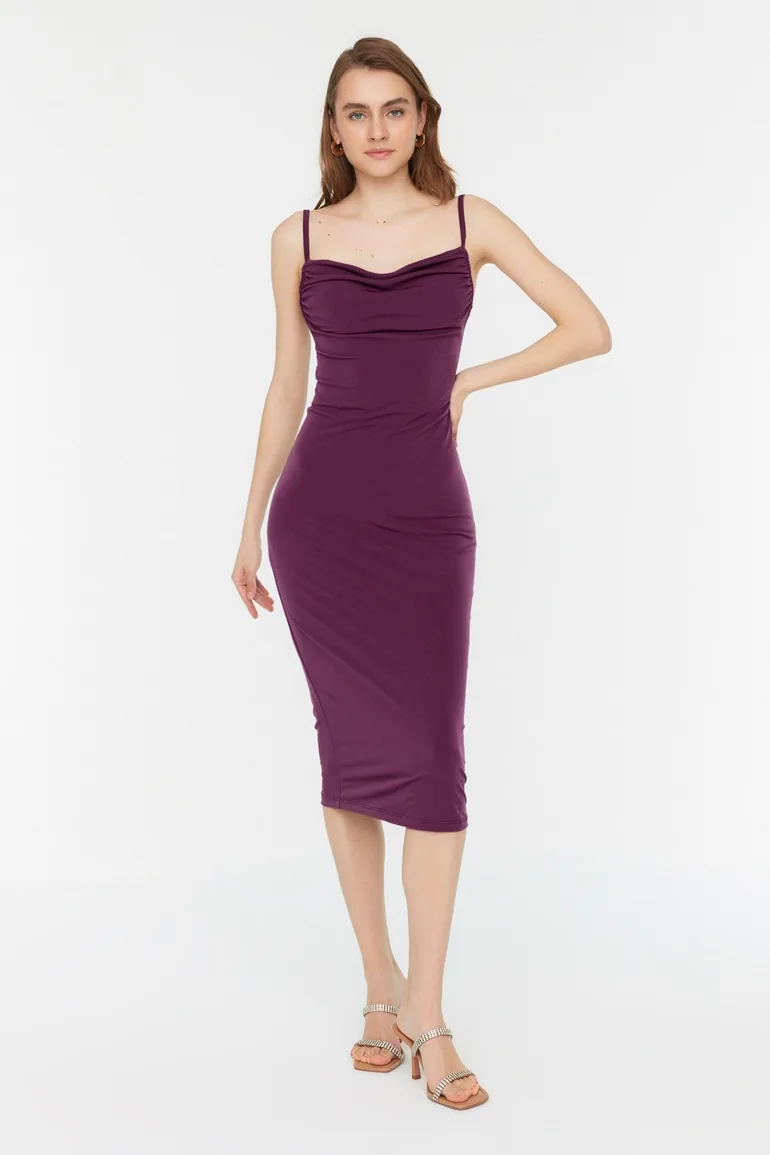 Shop Purple Ruched Bodycon Midi Slip Dress Online in Bahrain