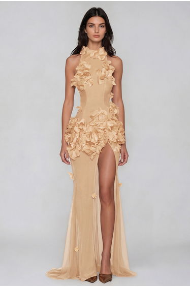 Kira Flower High Split Mesh Maxi Dress In Apricot