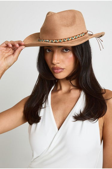 Beaded Trim Faux Suede Western Cowboy Hat - beige