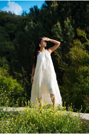 Coast Muse Feather Pearl Trim Volume Maxi Dress