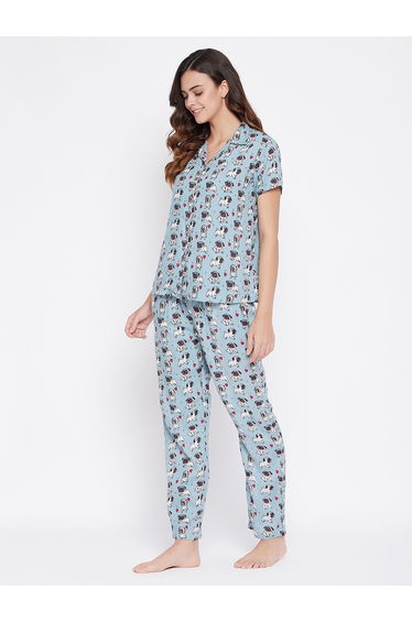 Printed Button Down Sleep Shirt and Pyjama Set