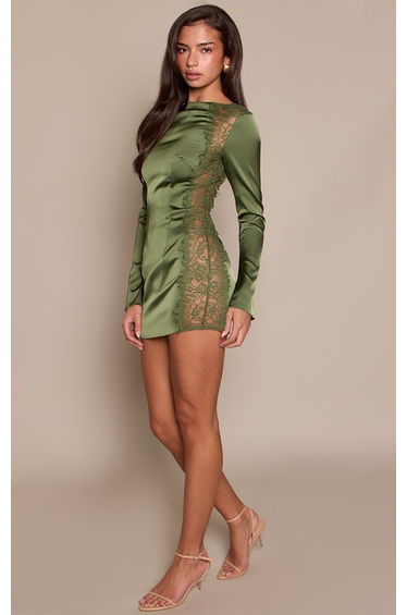Khaki Satin Long Sleeve Boat neck Lace Detail Mini Dress