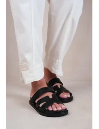 ADAGIO STRAPPY SANDALS IN BLACK FAUX LEATHER