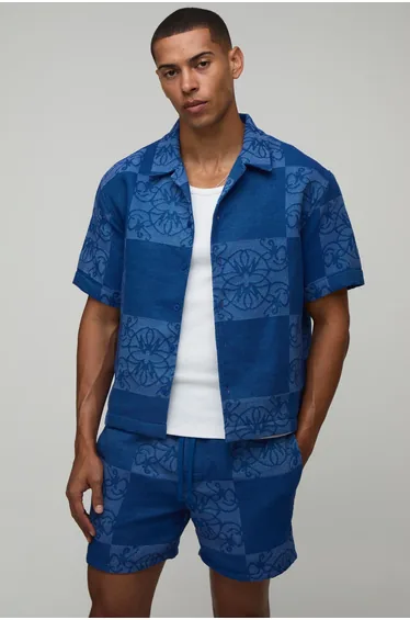 Oversized Boxy Tapestry Shirt & Relaxed Short Set - cobalt