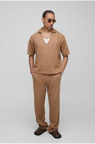 Boxy V Neck Relaxed Texture Knitted Trouser and Polo Set