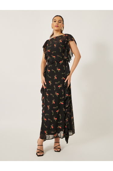 Printed Ruffled Hem Sleeveless Sheath Maxi Dress
