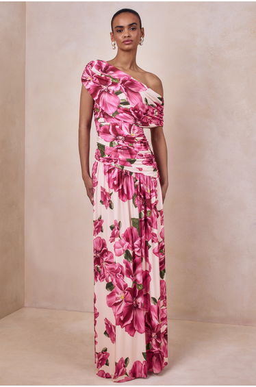Emberly | Pink Hibiscus Floral Print Asymmetric-Neck Maxi Dress With Drop-Waist