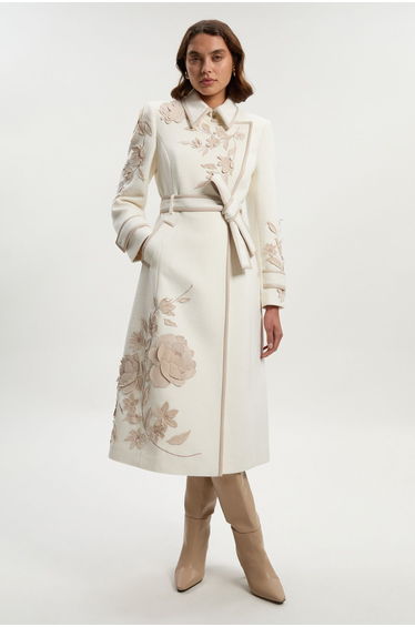 Brushed Wool Pu Mix Placed Floral Embroidery Applique Tailored Midi Coat