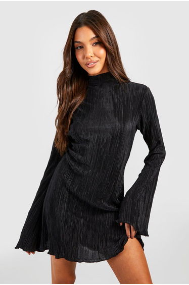 Plisse Flare Sleeve Column Mini Dress - black