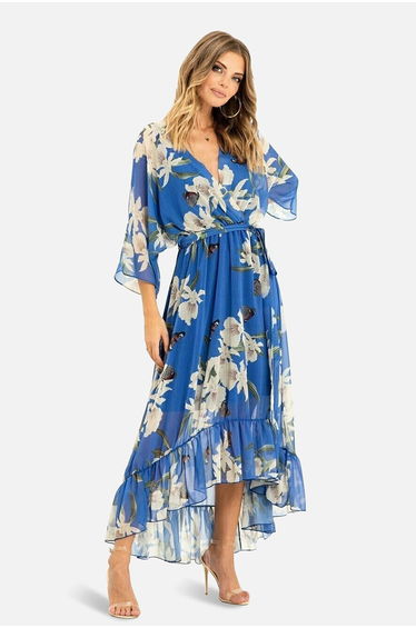 Yumi Floral Print Kimono Midi Wrap Dress Blue