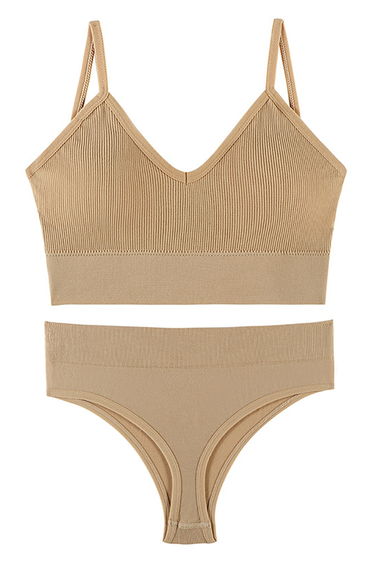 Plain Ribbed Lingerie Bra Top and Thong Set in Tan
