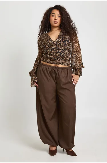 Plus Leopard Cinched Blouson Sleeve Top - leopard