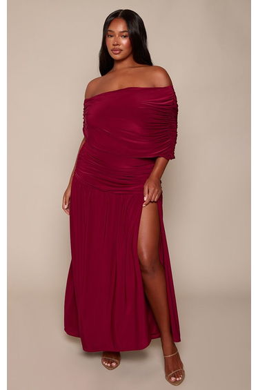 Plus Burnt Red Double Layer Slinky Bardot Ruched Maxi Dress