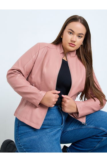 Plus Size Pink Faux Leather Zip-Up Jacket