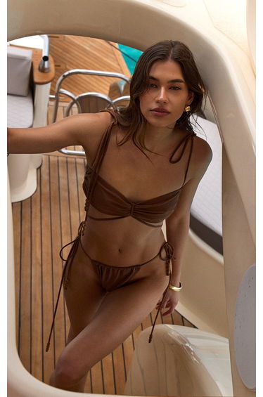Brown Bead Trim Ruched Tie Side Bikini Bottom