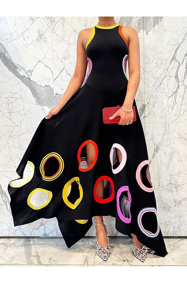 A-Line High Waisted Contrast Color Hollow Round-Neck Maxi Dresses