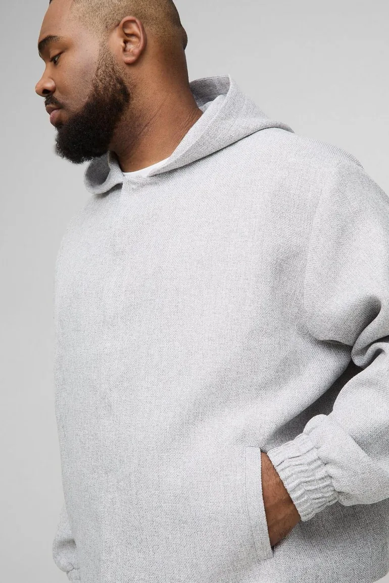 Plus Oversized Boucle Hooded Button Up Overshirt - light grey - 2