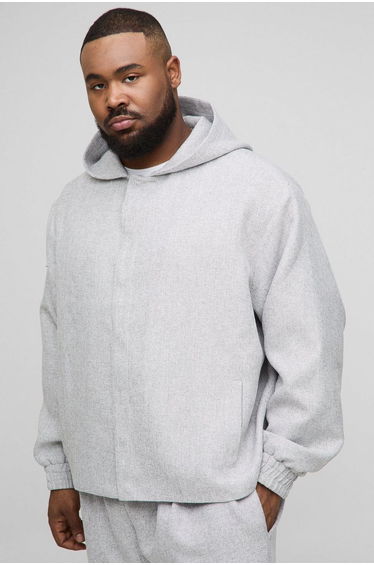 Plus Oversized Boucle Hooded Button Up Overshirt - light grey