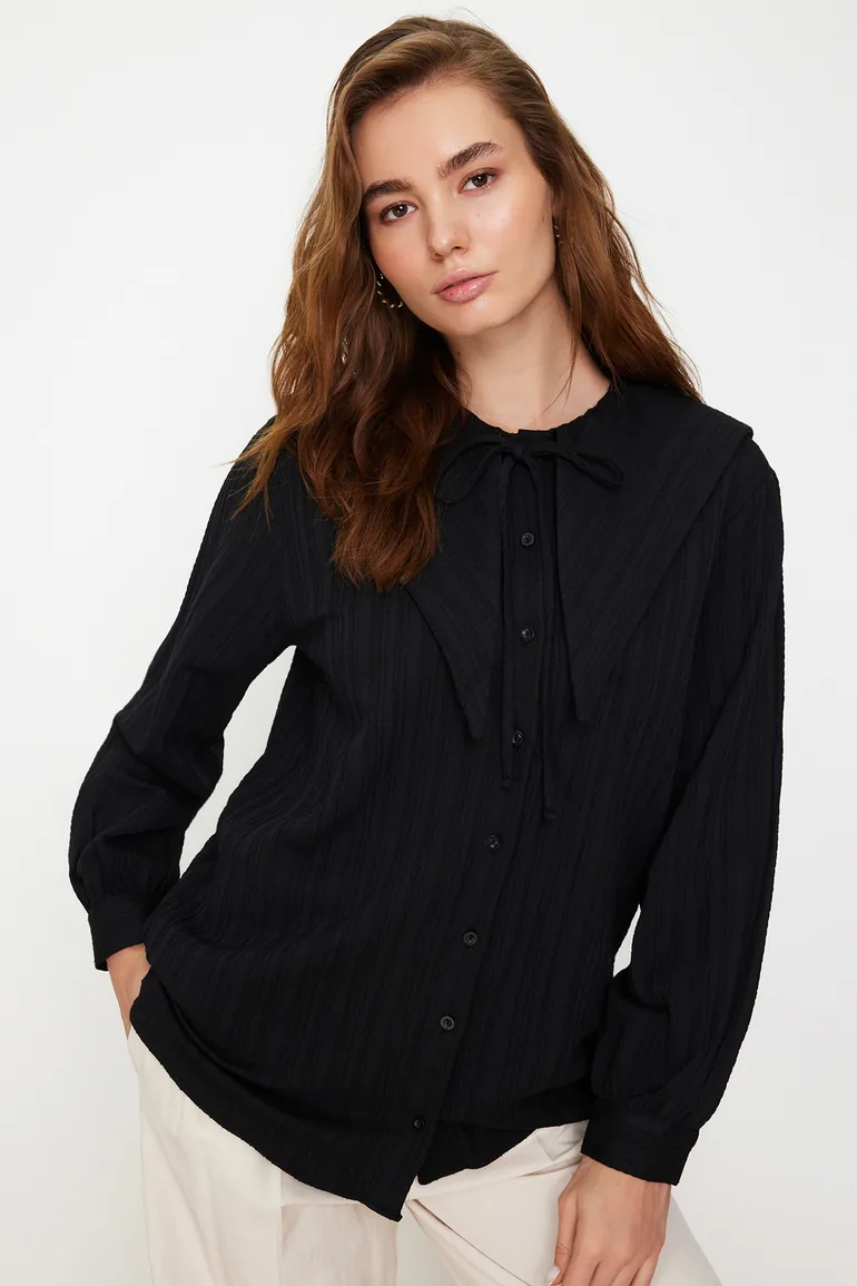 Black Big Collar Crinkle Woven Shirt - 2