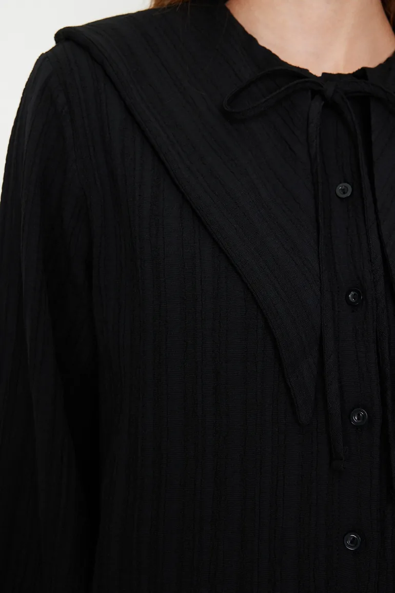 Black Big Collar Crinkle Woven Shirt - 4