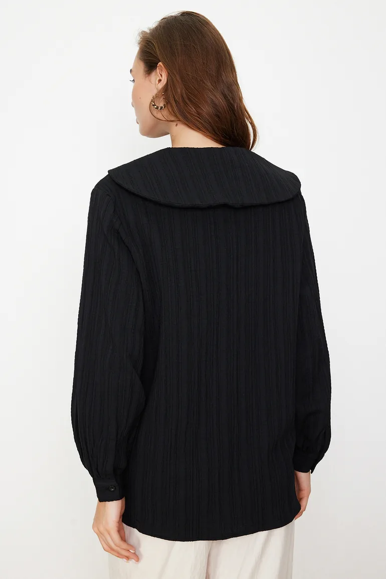 Black Big Collar Crinkle Woven Shirt - 5