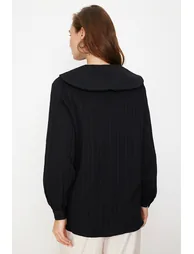 Black Big Collar Crinkle Woven Shirt - 5