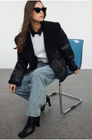 Black Plush Detailed Faux Leather Biker Jacket