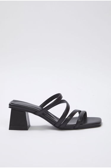 Black Thin Strap Square Toe Women's Block Heel Slippers