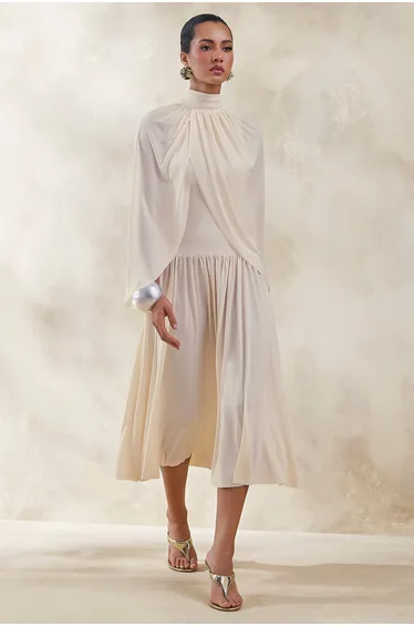 Honora | Cream High-Neck Maxi Dress With Cape-Sleeves