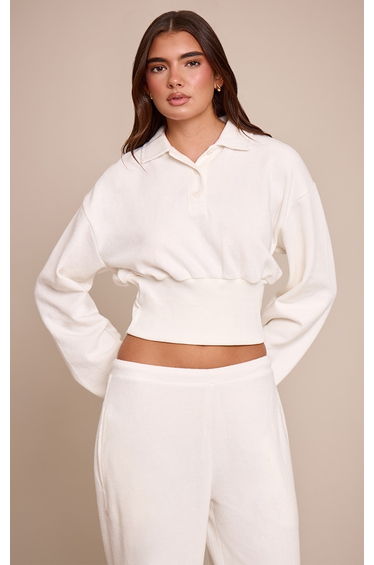 Cream Brushed Rib Cinched Waist Balloon Sleeve Polo Top