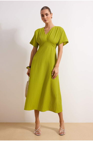 Oil Green Plain Maxi Woven Dress