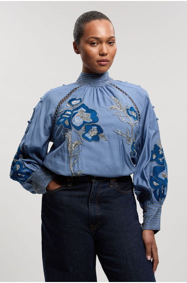 Plus Size Balloon Sleeve Embroidered And Beaded Woven Blouse