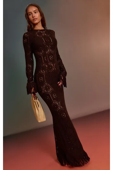 Espresso Crochet Tassel Hem Maxi Beach Dress