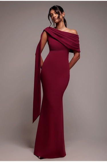 Sash One Shoulder Bardot Maxi Dress - Burgundy by Goddiva
