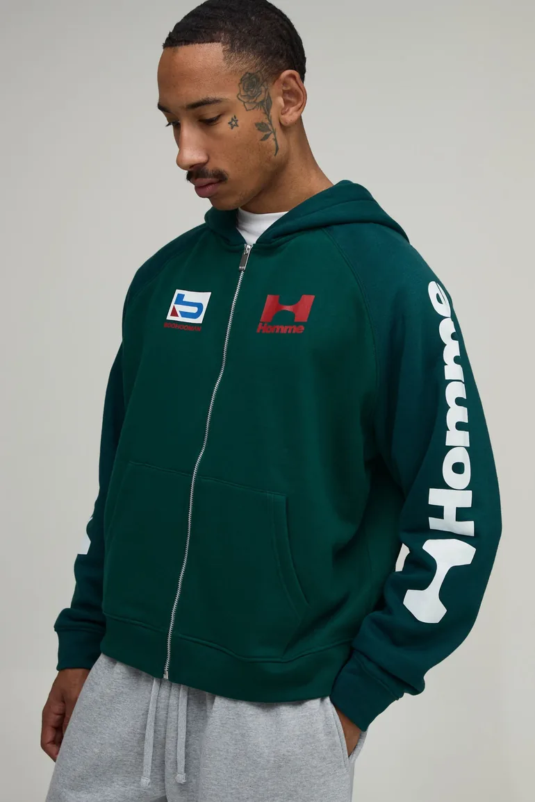 Oversized Boxy Moto Raglan Zip Through Hoodie - forest - 1