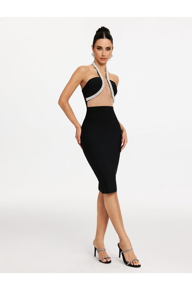 Acer Halterneck Crystal Midi Dress In Black