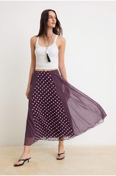 Burgundy Polka Dot Patterned Chiffon Skirt